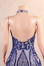 Royal Blue Mermaid Evening Prom Dress Sequined Lace Flowers Halter Neck Backless Long Gowns