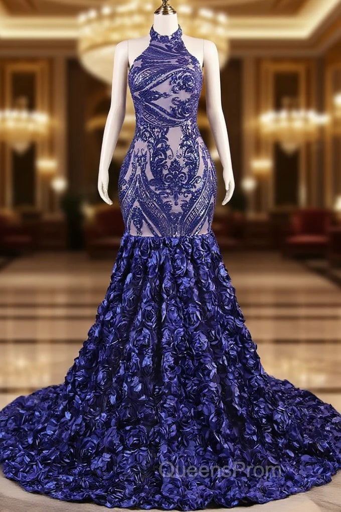 Royal Blue Mermaid Evening Prom Dress Sequined Lace Flowers Halter Neck Backless Long Gowns