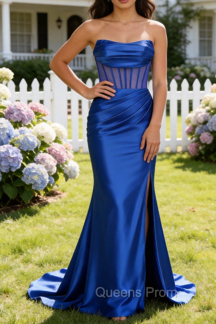Royal Blue Mermaid Strapless Pleated Corset Long Prom Dress with Slit Main image