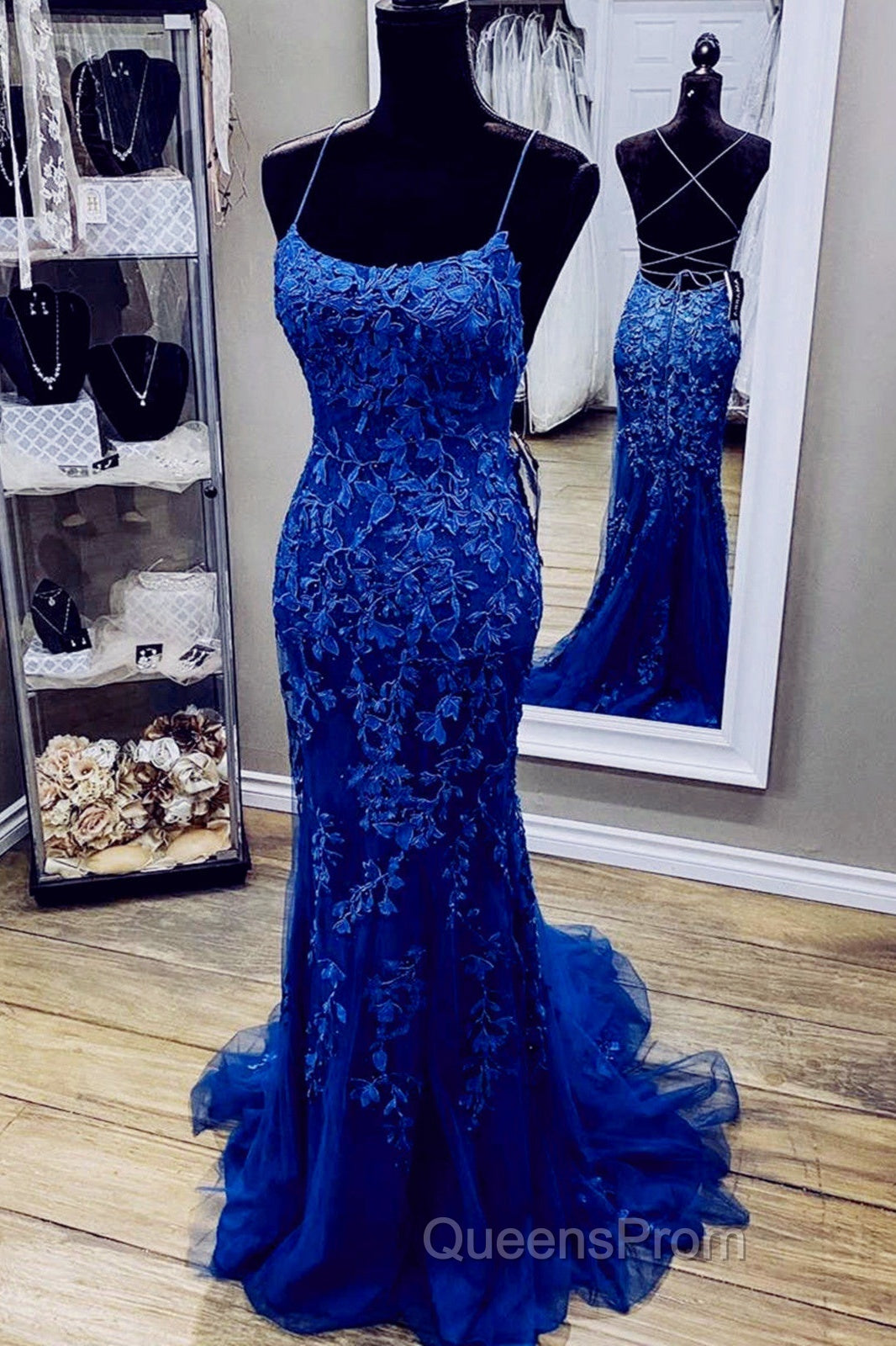 Royal Blue Mermaid Straps Tulle And Lace Party Dress, Royal Blue Evening Prom Dress Secondary image