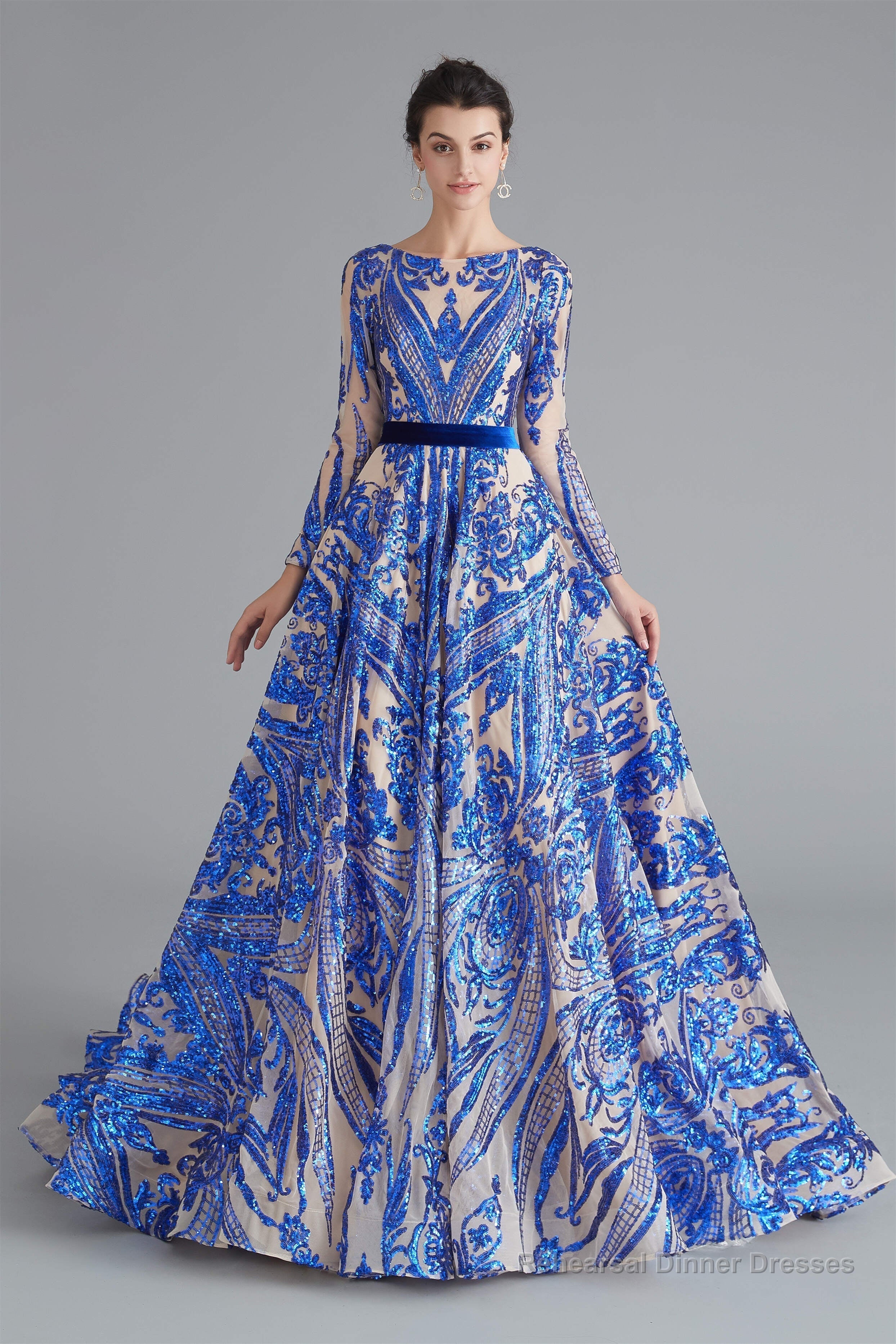 A-Line Luxury Sequins Long Sleeve Backless Prom Dresses