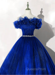 Royal Blue Off Shoulder Beaded Ball Gown Dress, Royal Blue Sweet 16 Dress