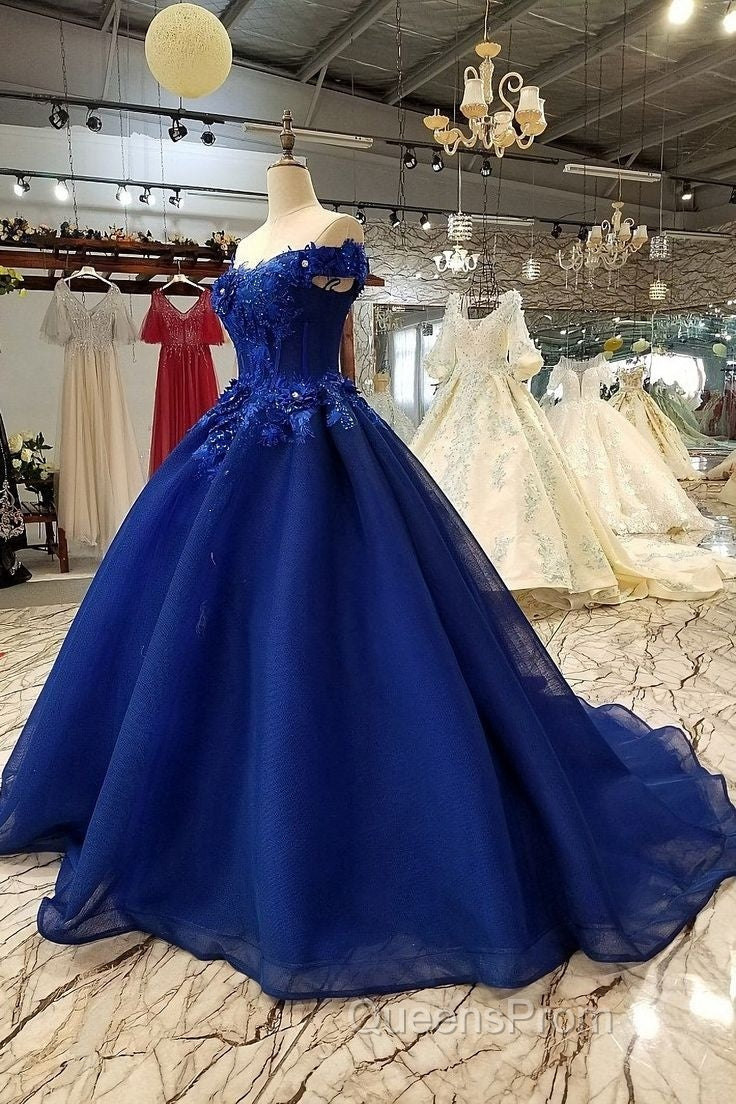 Royal Blue Off-The-Shoulder Evening Dress, Appliques Formal Evening Prom Dress
