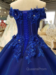 Royal Blue Off-The-Shoulder Evening Dress, Appliques Formal Evening Prom Dress