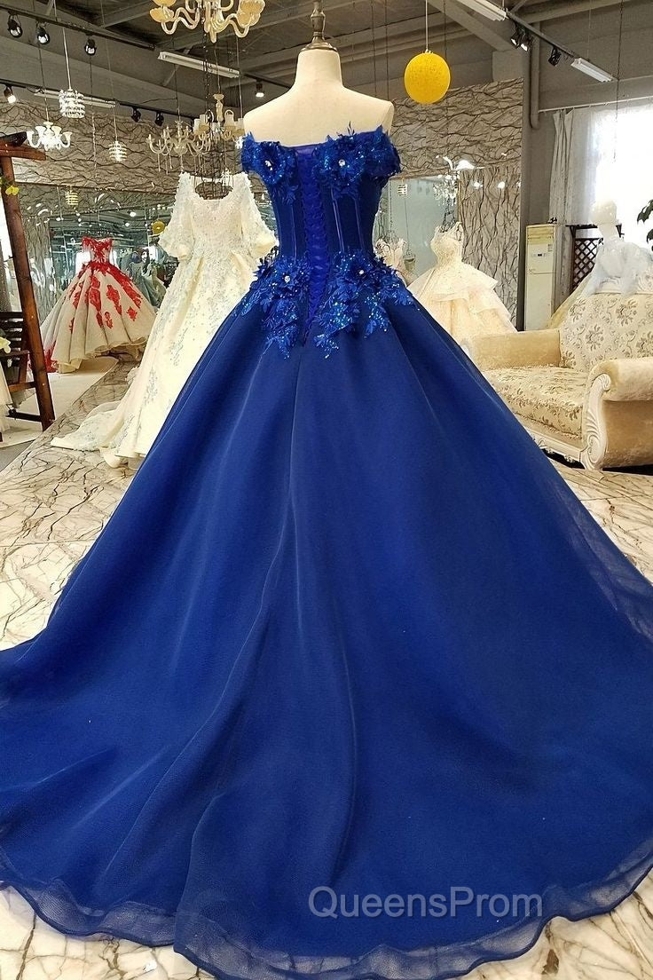 Royal Blue Off-The-Shoulder Evening Dress, Appliques Formal Evening Prom Dress