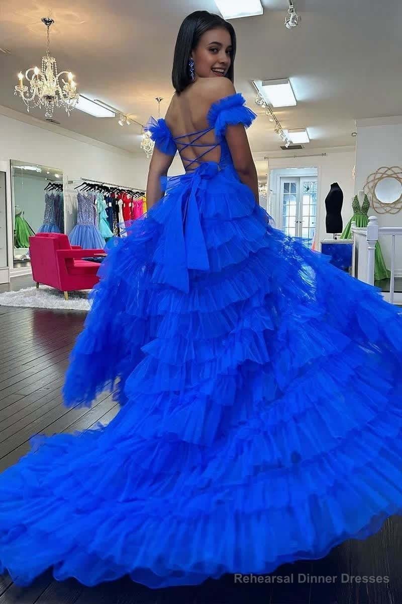 Royal Blue Off the Shoulder Ruffle Tiered Tulle Long Prom Dresses with Slit Secondary image
