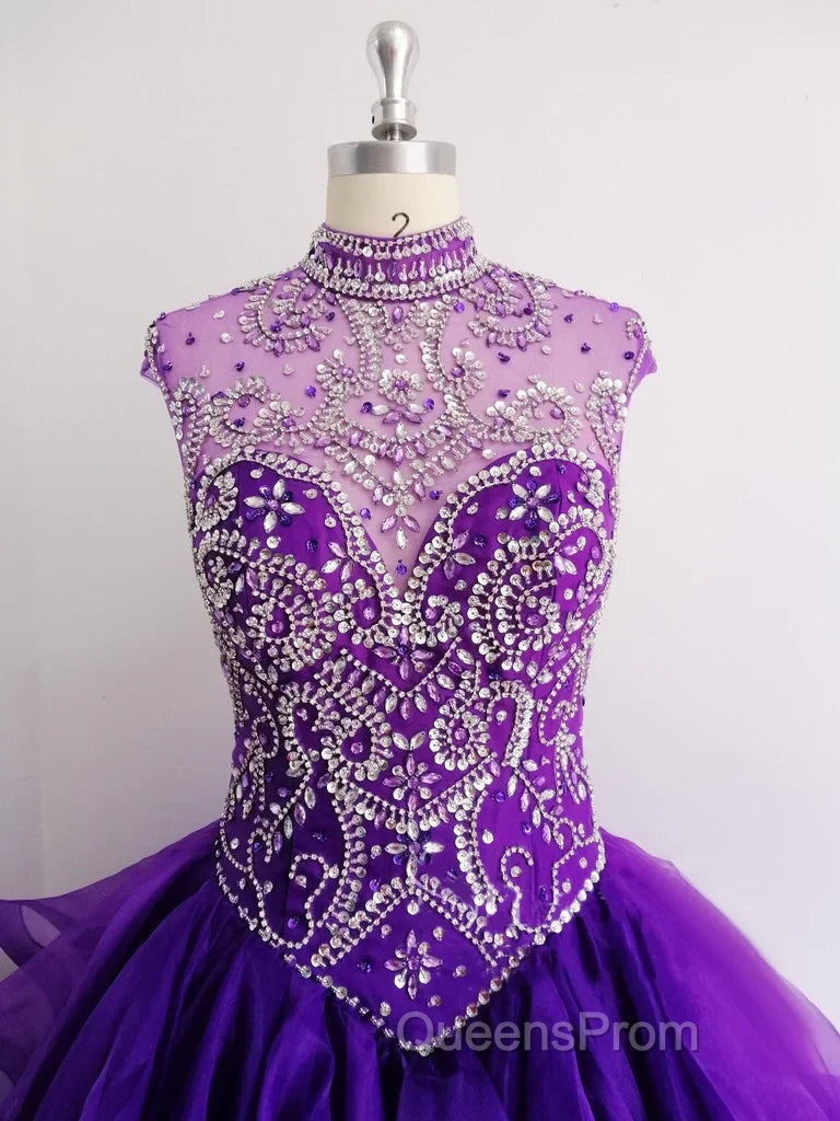 Royal Blue Organza High Neck Quinceanera Dress Burgundy Evening Prom Dress