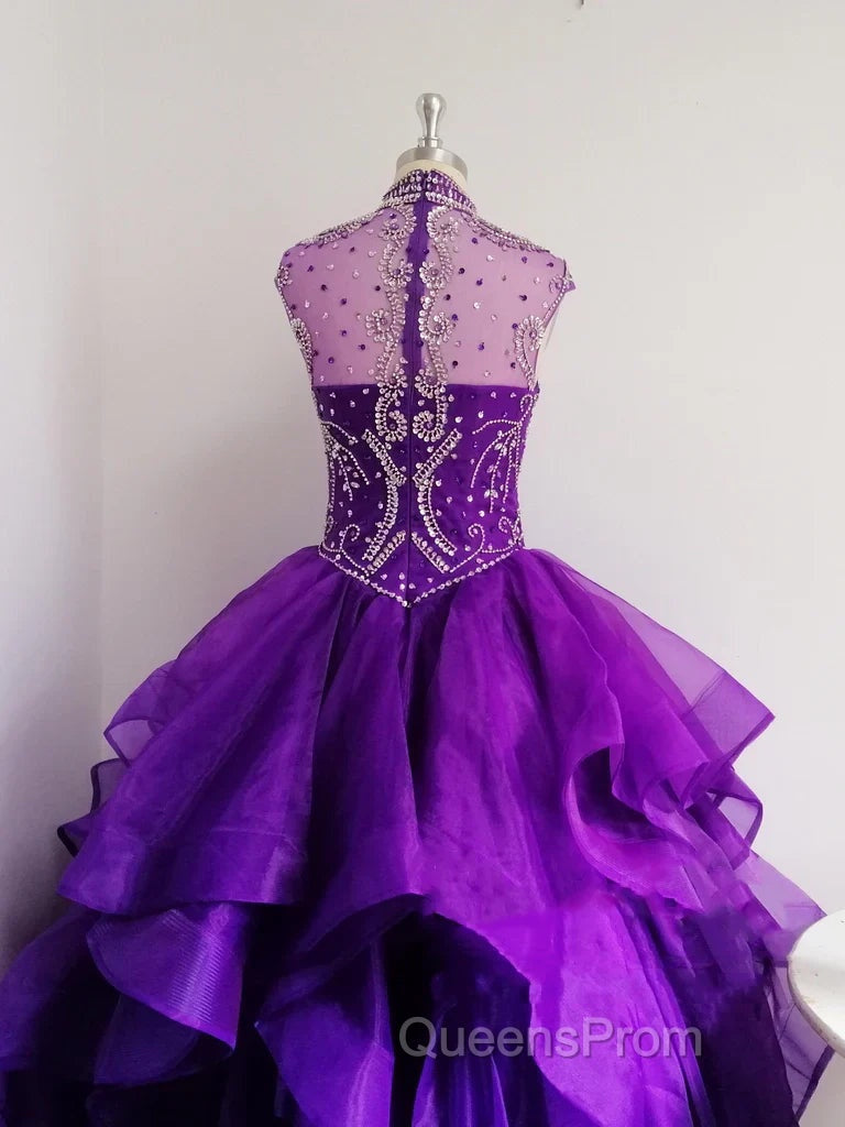 Royal Blue Organza High Neck Quinceanera Dress Burgundy Evening Prom Dress