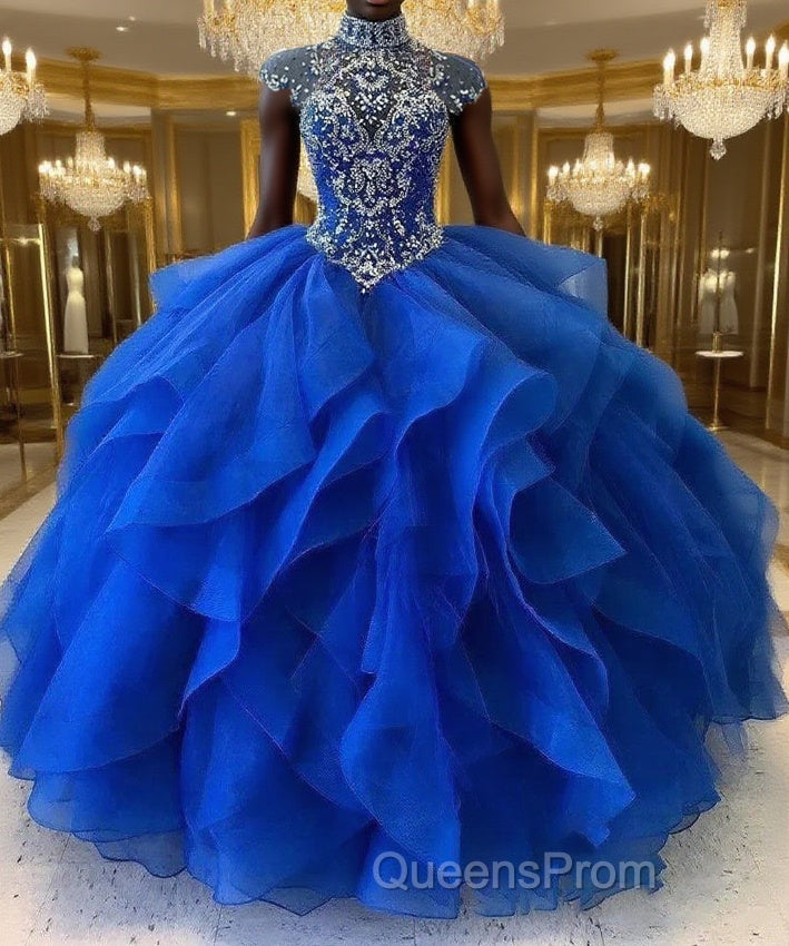 Royal Blue Organza High Neck Quinceanera Dress Burgundy Evening Prom Dress Main image