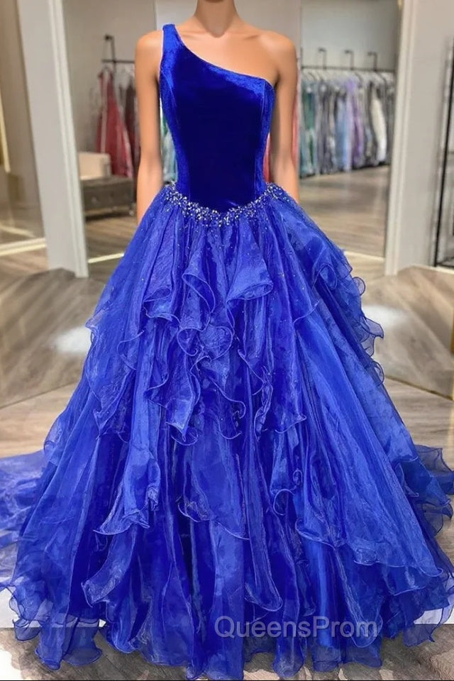 Royal Blue Evening Prom Dress A Line One Shoulder Long Party Evening Dress with Beading Main image