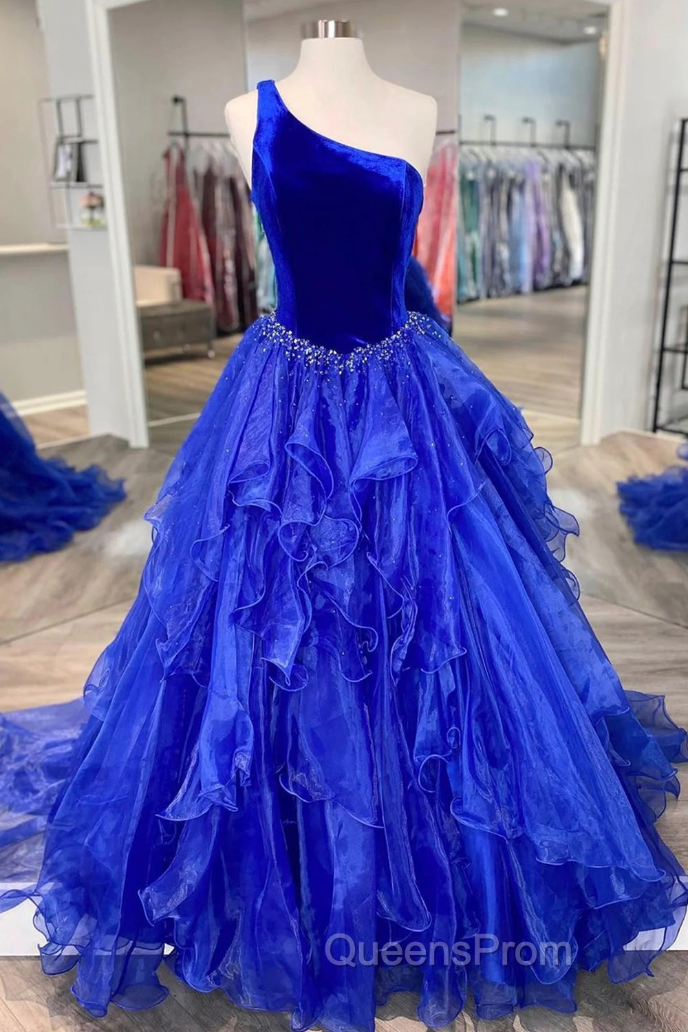 Royal Blue Evening Prom Dress A Line One Shoulder Long Party Evening Dress with Beading Secondary image