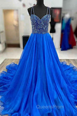 Royal Blue Evening Prom Dress A Line Spaghetti Straps Long Party Evening Dress with Beading