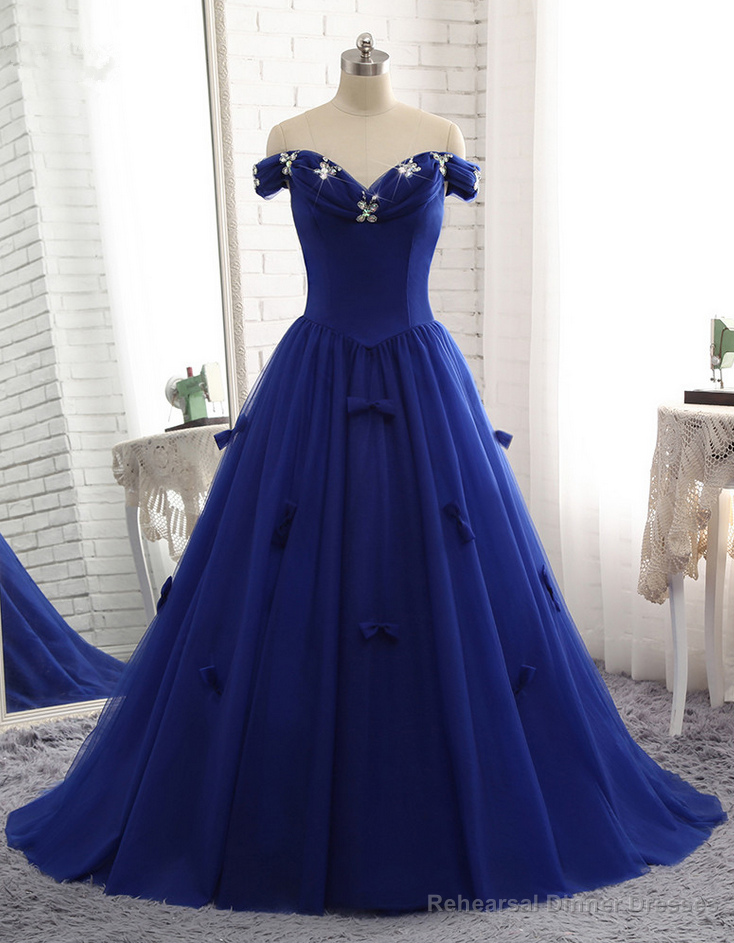 Royal Blue Prom Dress Luxury Tulle Beaded Bow Gown
