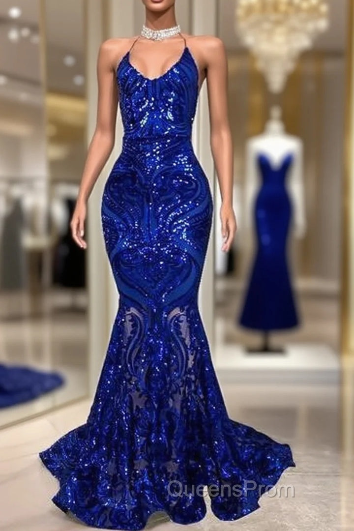 Royal Blue Evening Prom Dress, Spaghetti Evening Prom Dress, Lace Evening Prom Dress, Sparky Evening Prom Dress Main image