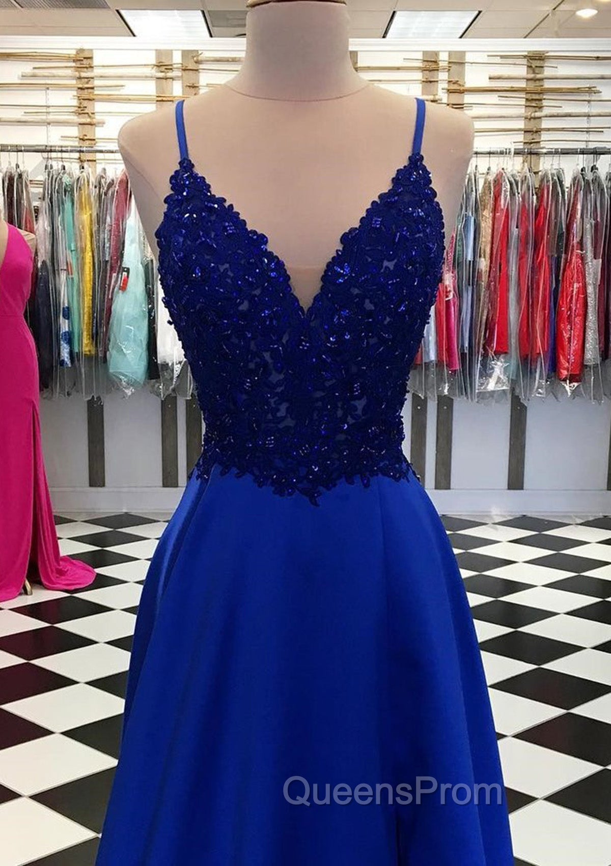 Royal Blue Evening Prom Dress, A-line V Neck Regular Straps Long/Floor-Length Satin Evening Prom Dress With Appliqued Beading Secondary image