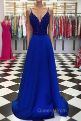 Royal Blue Evening Prom Dress, A-line V Neck Regular Straps Long/Floor-Length Satin Evening Prom Dress With Appliqued Beading
