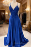 Royal Blue Evening Prom Dress, A-line V Neck Sleeveless Long/Floor-Length Charmeuse Evening Prom Dress With Appliqued Beading Lace