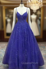 Royal Blue Evening Prom Dress, A-line V Neck Spaghetti Straps Long/Floor-Length Tulle Evening Prom Dress With Appliqued Beading Glitter