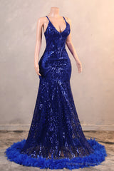 Royal Blue Prom Dresses Sequin Mermaid Long Evening Dresses Floor Length Sleeveless Spaghetti Strap with Feather