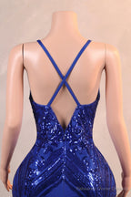 Royal Blue Prom Dresses Sequin Mermaid Long Evening Dresses Floor Length Sleeveless Spaghetti Strap with Feather
