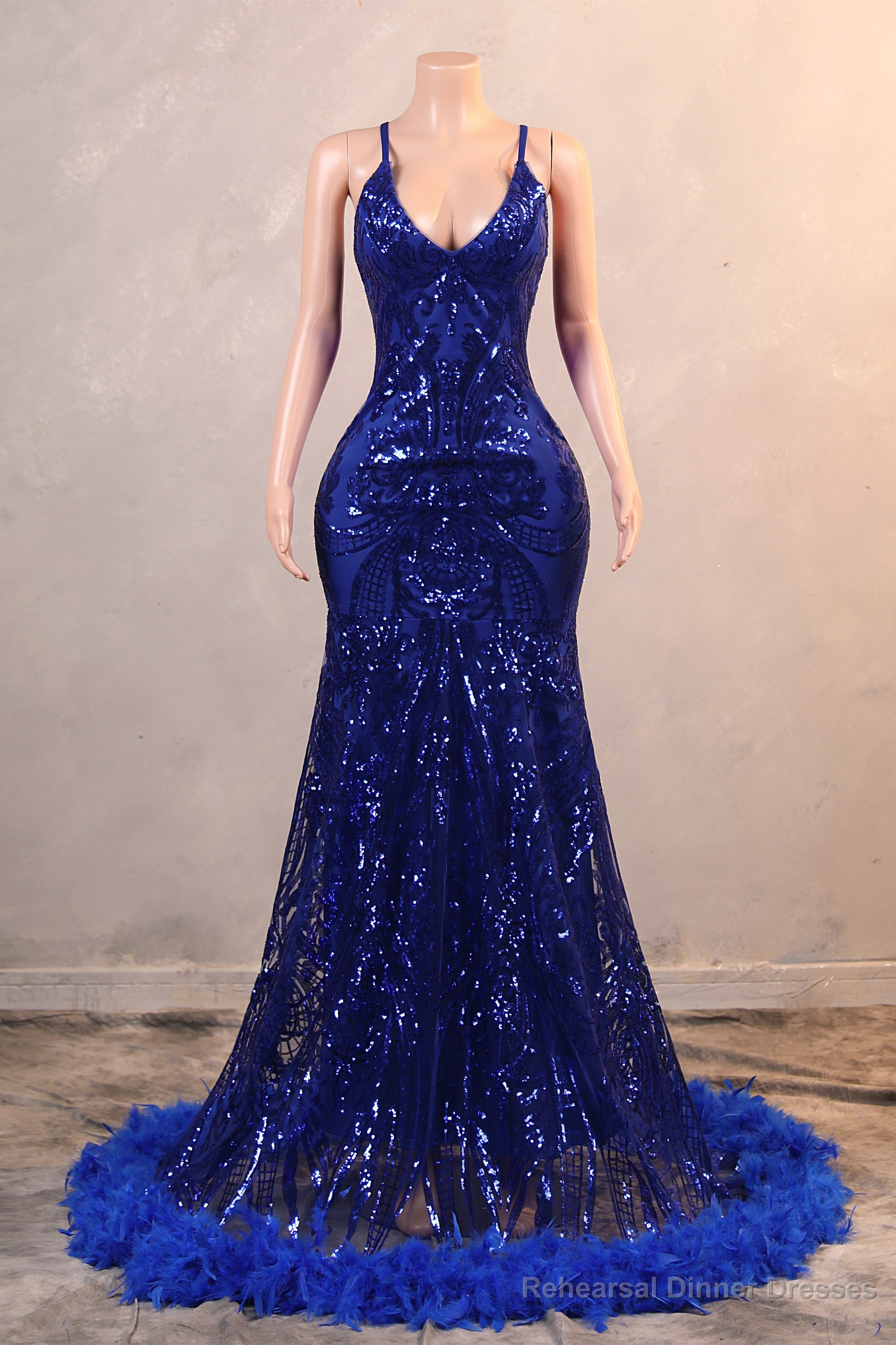Royal Blue Prom Dresses Sequin Mermaid Long Evening Dresses Floor Length Sleeveless Spaghetti Strap with Feather Main image