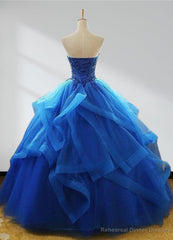 Royal Blue Quinceanera Dresses Organza Lace Applique Prom Dresses