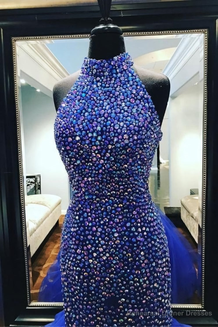 Royal Blue Rhinestones Prom Dress Mermaid Tulle Skirt,Celebrity Dress
