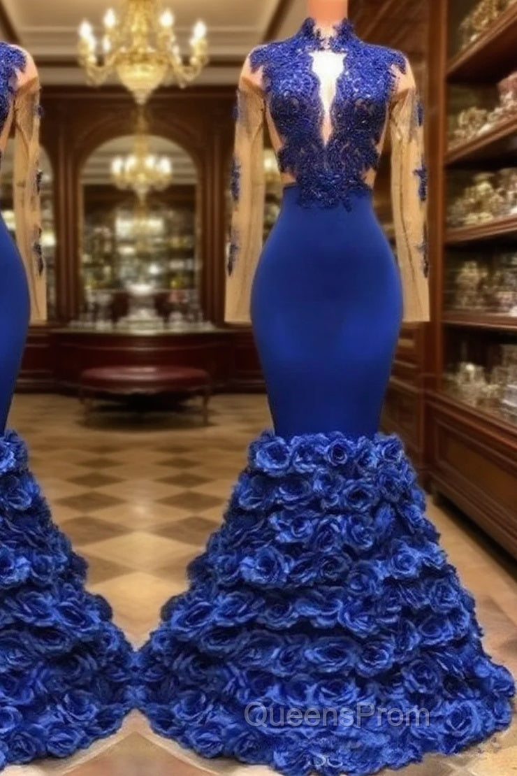 Royal Blue Robe De Soiree Mermaid Long Sleeves Flowers Lace Beaded Sexy Long Party Evening Prom Dress Evening Prom Gown Evening Dress Main image