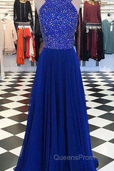 Royal Blue Round Neck Long Evening Prom Dress, Blue Evening Dress
