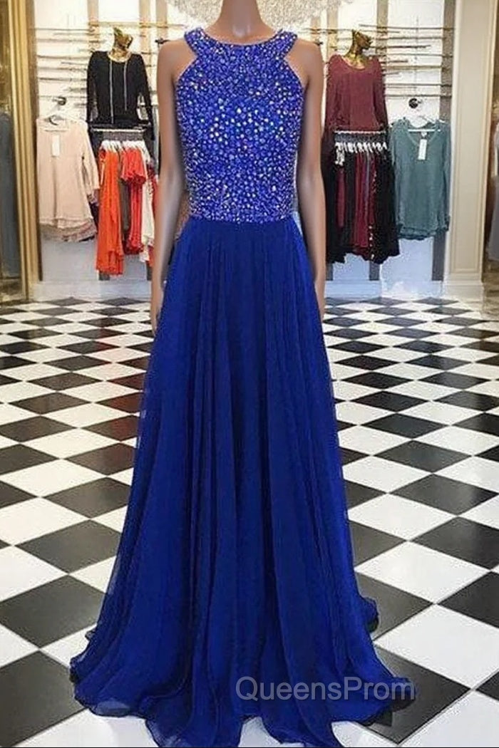 Royal Blue Round Neck Long Evening Prom Dress, Blue Evening Dress Main image