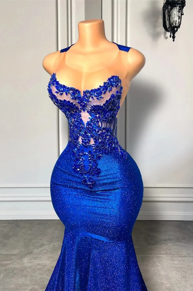 Royal Blue Round Neck Mermaid Court Train Prom Dresses Secondary image