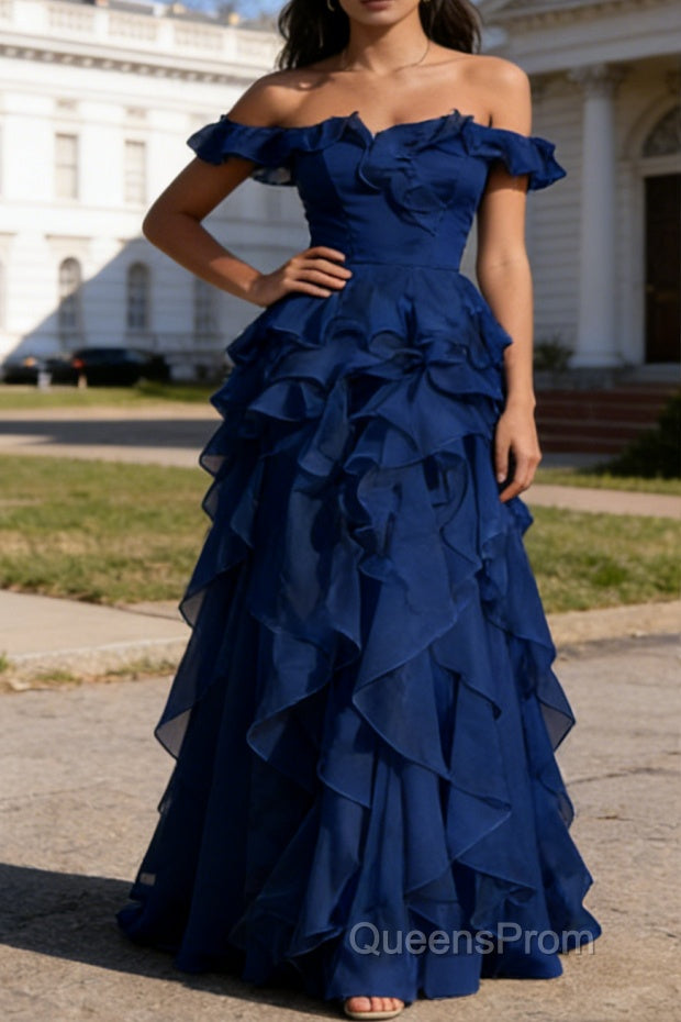 Royal Blue Ruffled A-Line Square Neck Long Prom Dress