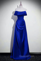 Royal Blue Satin A-Line Simple Long Party Dress, Royal Blue Satin Floor Length Evening Prom Dress