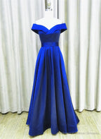 Royal Blue Satin A-line Simple Off Shoulder Prom Dress, Blue Bridesmaid Dress