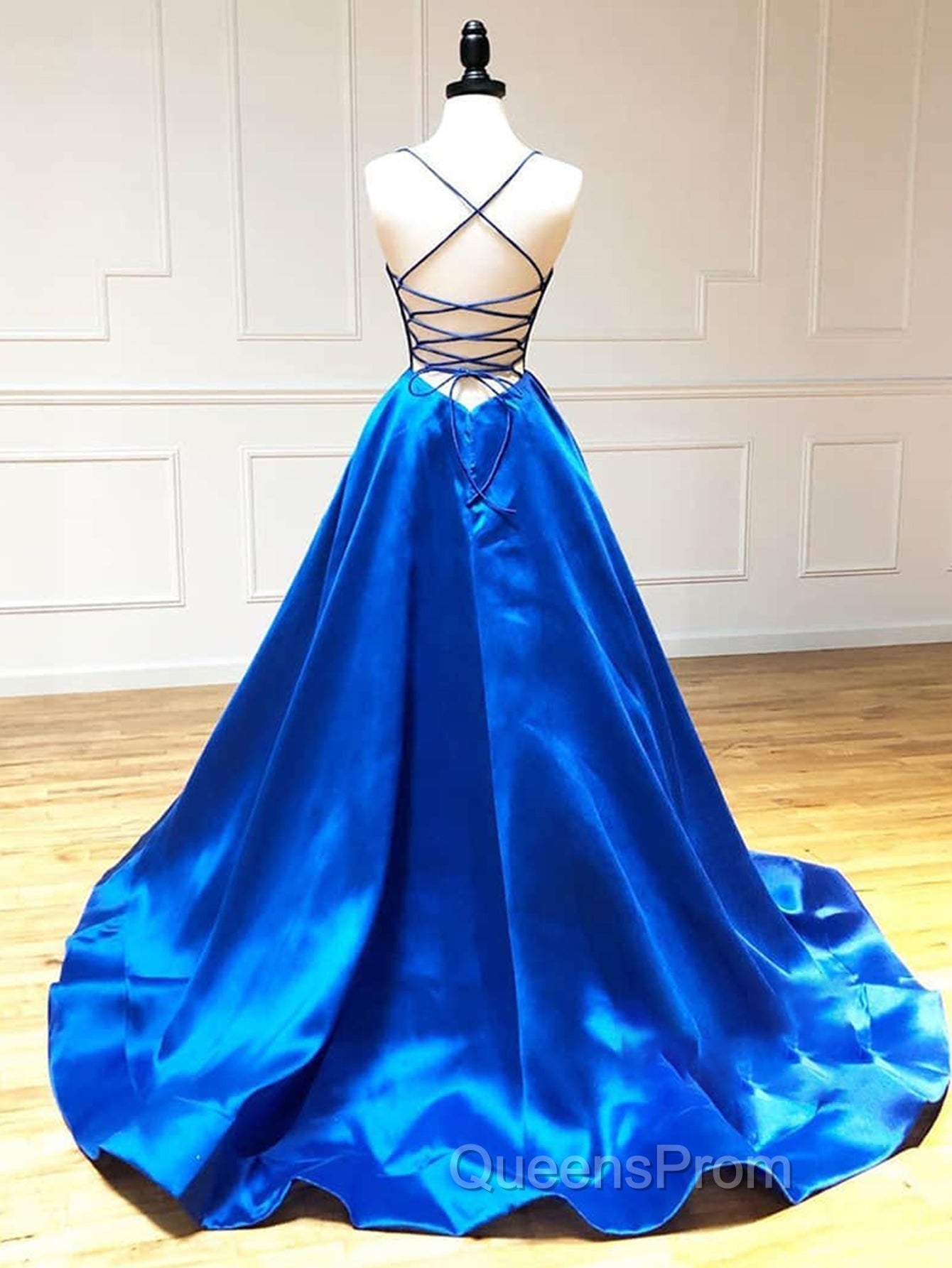 Royal Blue Satin A Line V Neck Long Evening Prom Dress Secondary image