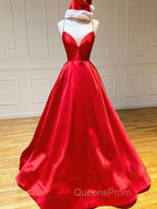 Royal Blue Satin A Line V Neck Long Evening Prom Dress