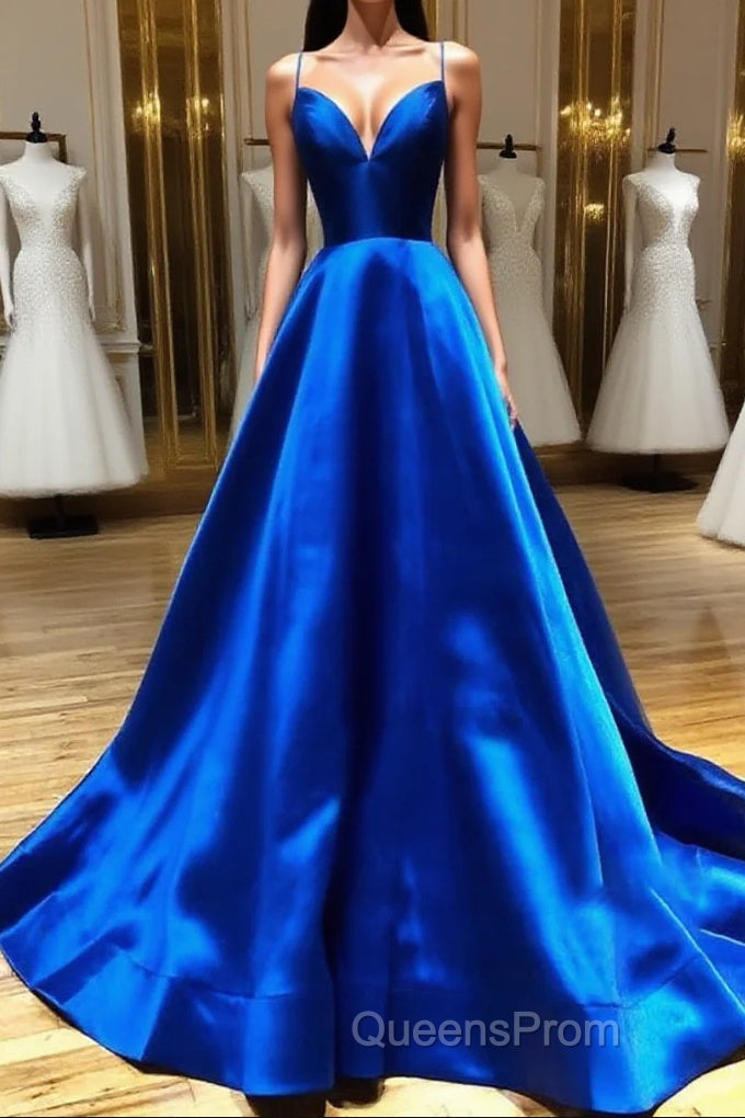 Royal Blue Satin A Line V Neck Long Evening Prom Dress Main image