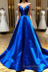 Royal Blue Satin A Line V Neck Long Evening Prom Dress
