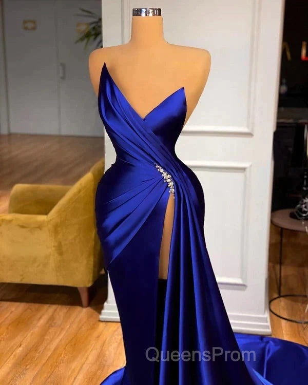 Royal Blue Satin Beading Ruched Evening Prom Dress With Slit Secondary image