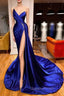 Royal Blue Satin Beading Ruched Evening Prom Dress With Slit