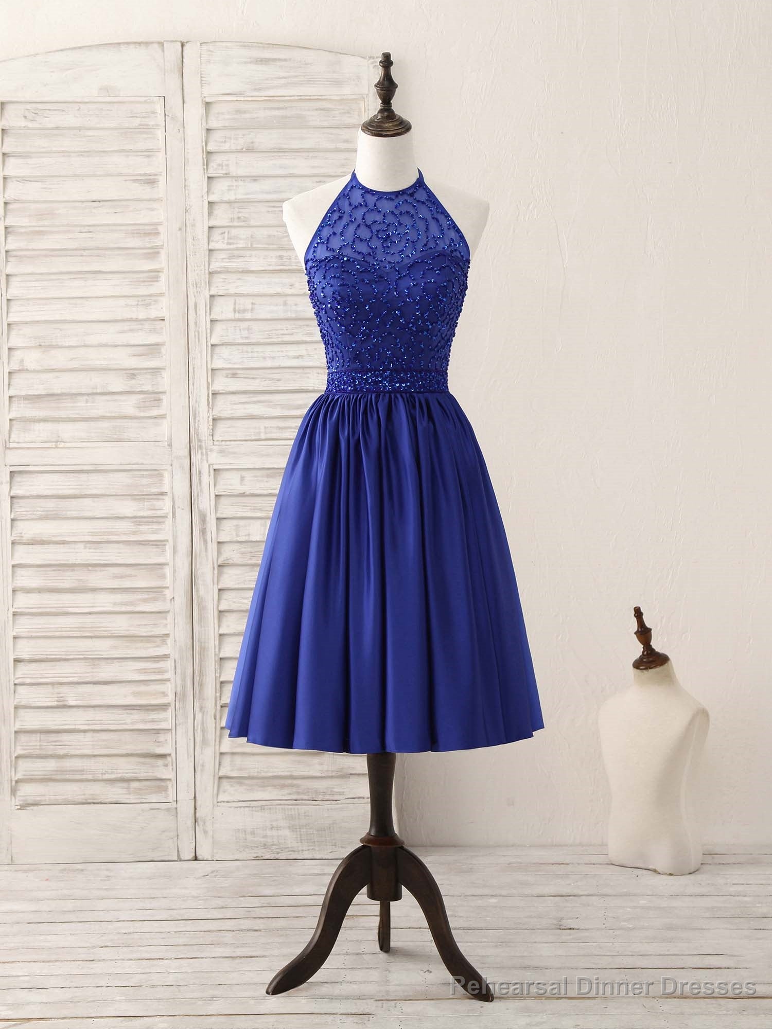 Royal Blue Satin Beads Short Prom Dress Blue Homecoming Dress Main image