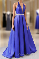 Royal Blue Satin Deep V Neck Simple Long Evening Prom Dress Backless Party Dress