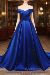 Royal Blue Satin Sweetheart Off Shoulder Long Formal Dress, A-Line Evening Prom Dress