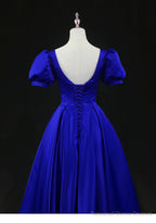 Royal Blue Satin Tea Length Wedding Party Dress, Blue Prom Homecoming Dress