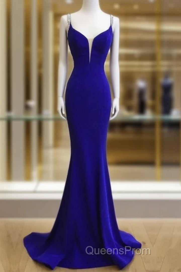 Royal Blue Satin V Neck Mermaid Evening Dress With Cross Back Main image