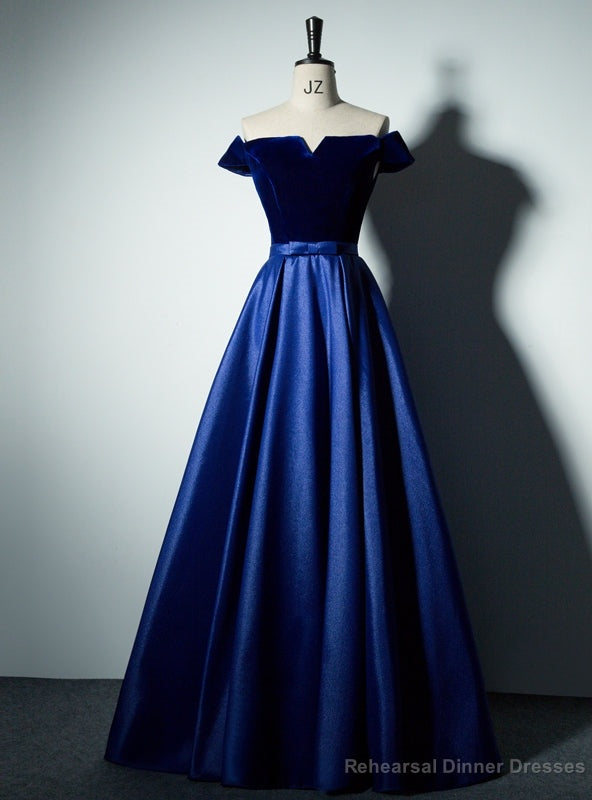 Royal Blue Satin Velvet Off the Shoulder Prom Dress Main image