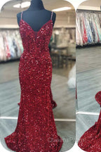 Royal Blue Sequin Beaded Mermaid Evening Prom Dress Spaghetti Straps