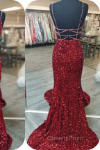 Royal Blue Sequin Beaded Mermaid Evening Prom Dress Spaghetti Straps