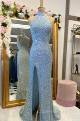 Royal Blue Sequin Halter Long Formal Dress with Slit Evening Prom Dress