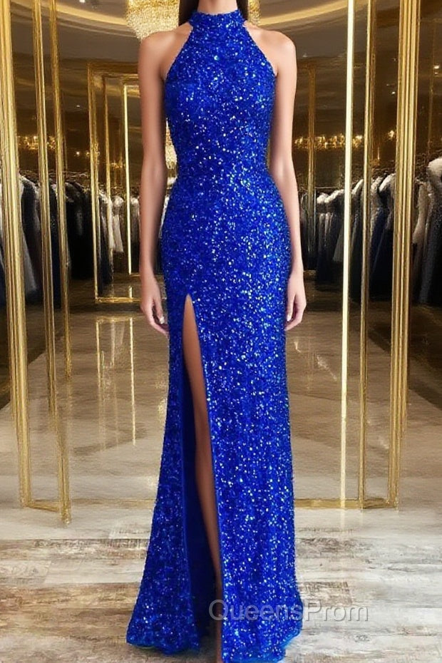 Royal Blue Sequin Halter Long Formal Dress with Slit Evening Prom Dress Main image